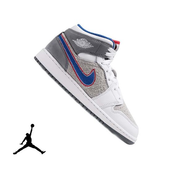 Jordan 1 Mid SE "Hare" Grade School Kids' Shoe - LT SMOKE GREY/VARSITY ROYAL