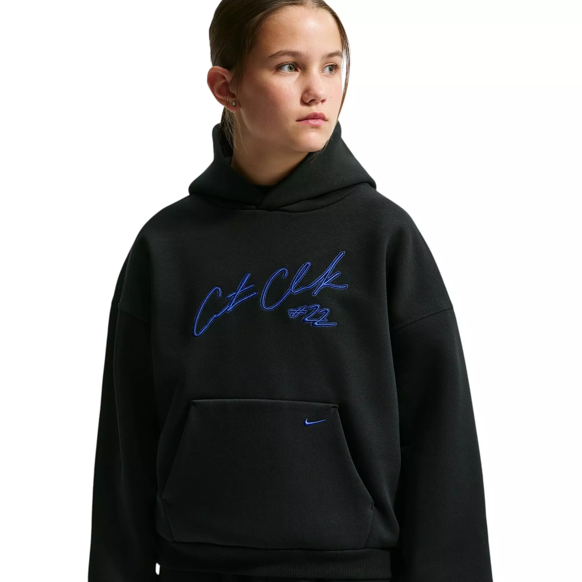 Nike Caitlin Blue Standard Issue Therma-FIT Brushed Fleece Big Kids' Pullover Hoodie - BLACK/ROYAL