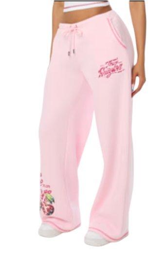 True Religion Women's Cherry Wide-Leg Fleece Bottoms - PINK