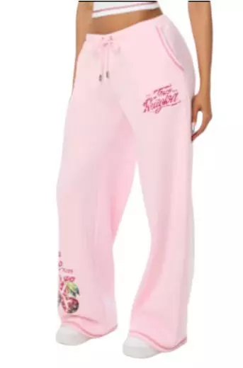 True Religion Women's Cherry Wide-Leg Fleece Bottoms - PINK