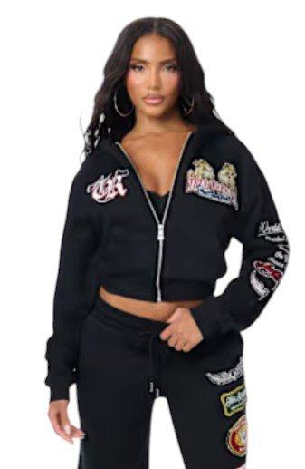 True Religion Women's Varsity Patchwork Full-Zip Fleece Hoodie - BLACK