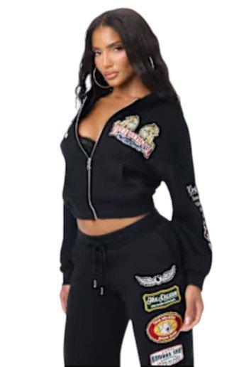 True Religion Women's Varsity Patchwork Full-Zip Fleece Hoodie - BLACK