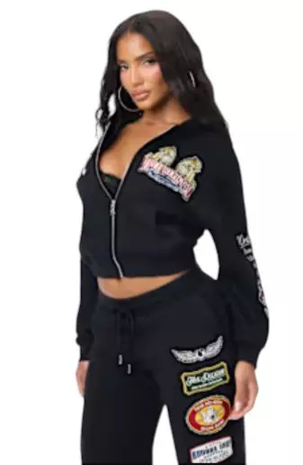 True Religion Women's Varsity Patchwork Full-Zip Fleece Hoodie - BLACK