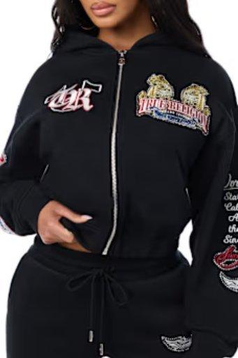 True Religion Women's Varsity Patchwork Full-Zip Fleece Hoodie - BLACK