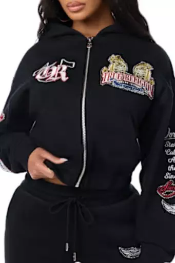 True Religion Women's Varsity Patchwork Full-Zip Fleece Hoodie - BLACK