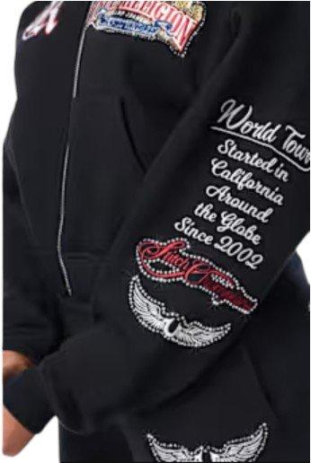 True Religion Women's Varsity Patchwork Full-Zip Fleece Hoodie - BLACK