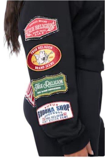 True Religion Women's Varsity Patchwork Full-Zip Fleece Hoodie - BLACK