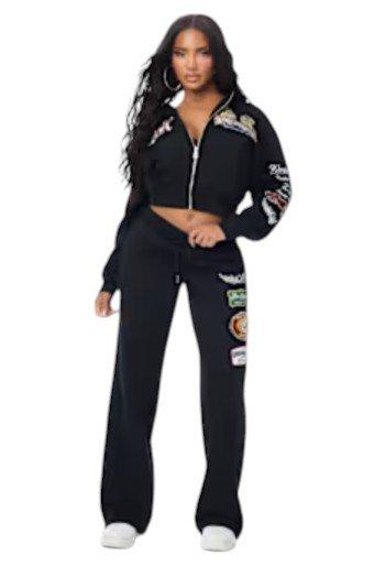 True Religion Women's Varsity Patchwork Full-Zip Fleece Hoodie - BLACK