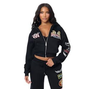 True Religion Women's Varsity Patchwork Full-Zip Fleece Hoodie - BLACK