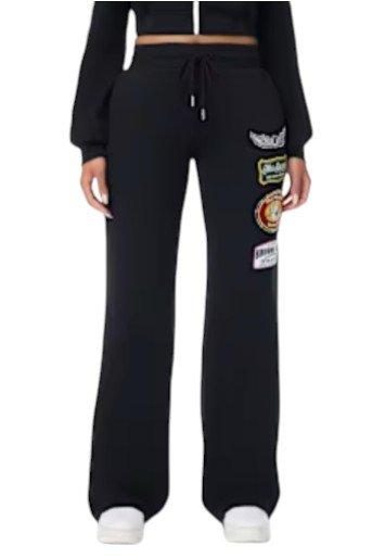True Religion Women's Varsity Patchwork Wide Leg Fleece Pants - BLACK