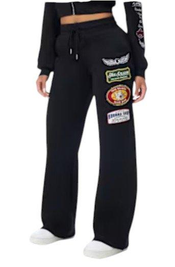 True Religion Women's Varsity Patchwork Wide Leg Fleece Pants - BLACK