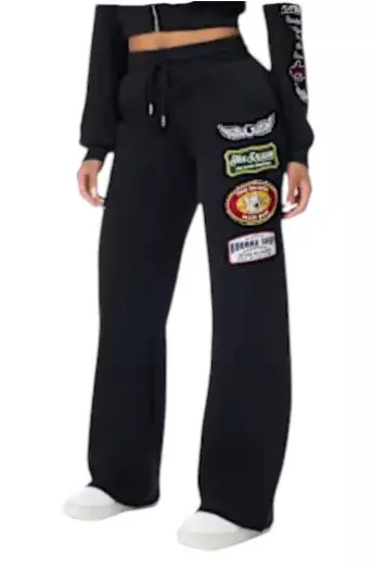 True Religion Women's Varsity Patchwork Wide Leg Fleece Pants - BLACK