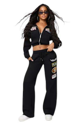 True Religion Women's Varsity Patchwork Wide Leg Fleece Pants - BLACK