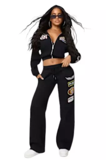True Religion Women's Varsity Patchwork Wide Leg Fleece Pants - BLACK