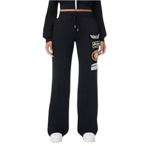 True Religion Women's Varsity Patchwork Wide Leg Fleece Pants - BLACK