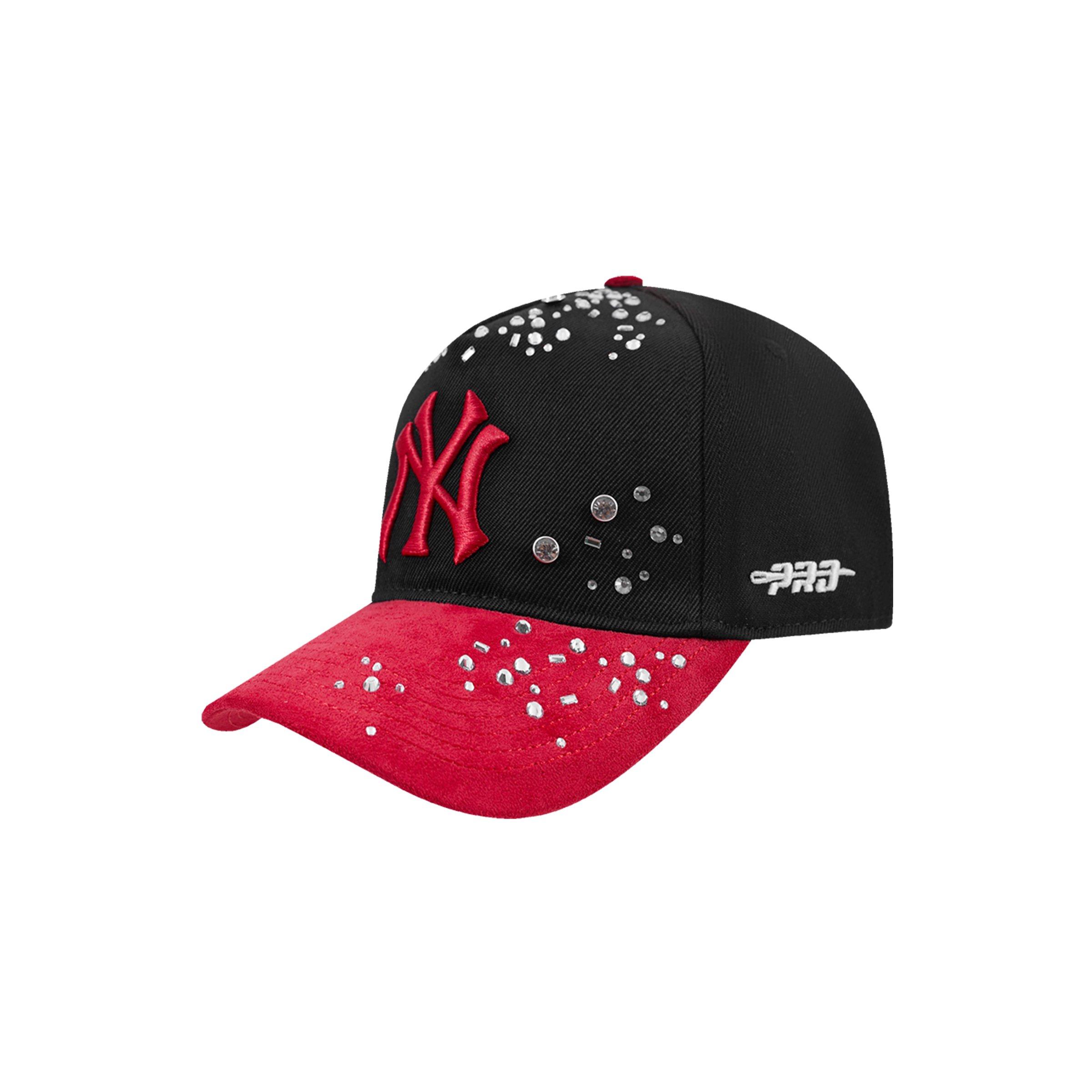 Pro Standard New York Yankees Iced Out Pinch Front Snapback Hat - Black/Red - BLACK/RED