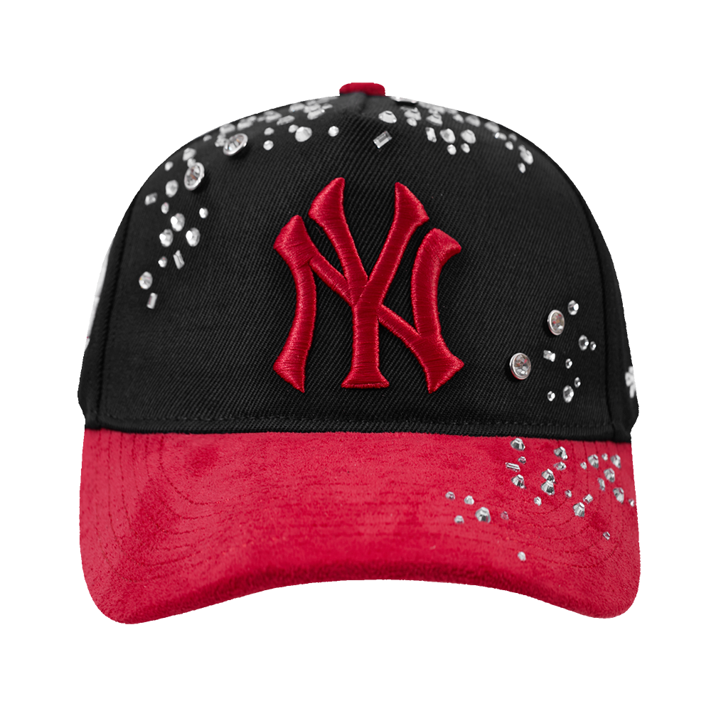 Pro Standard New York Yankees Iced Out Pinch Front Snapback Hat - Black/Red - BLACK/RED