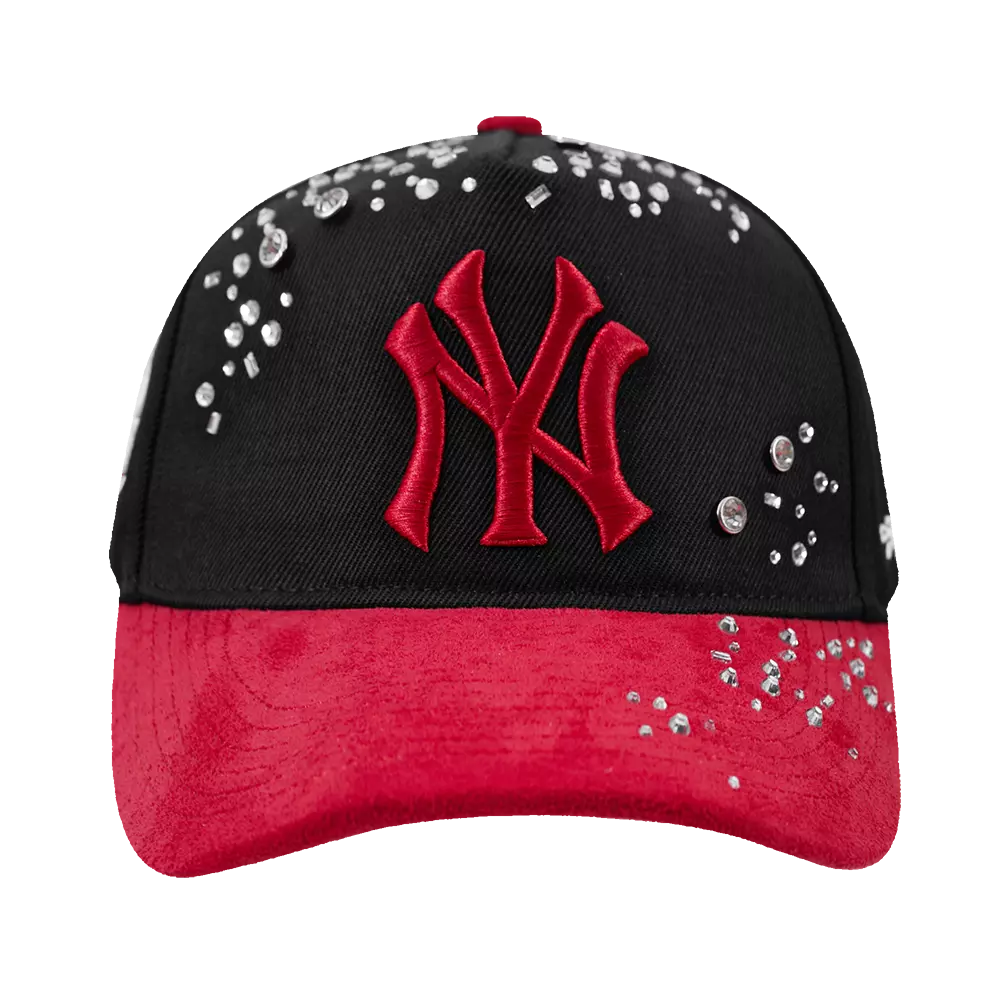 Pro Standard New York Yankees Iced Out Pinch Front Snapback Hat - Black/Red - BLACK/RED