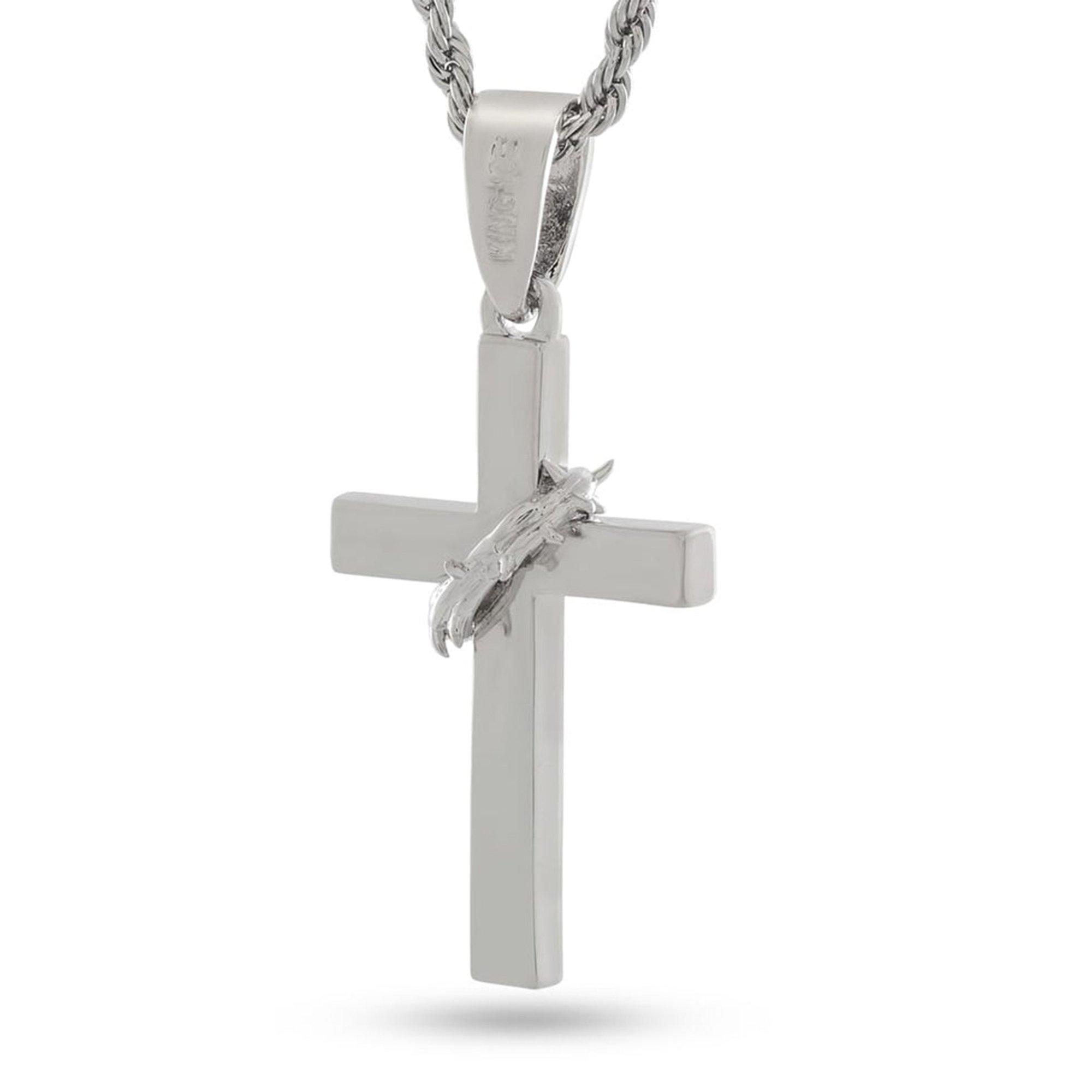 King Ice Crown of Thorns Wrapped Cross Necklace - Silver - SILVER