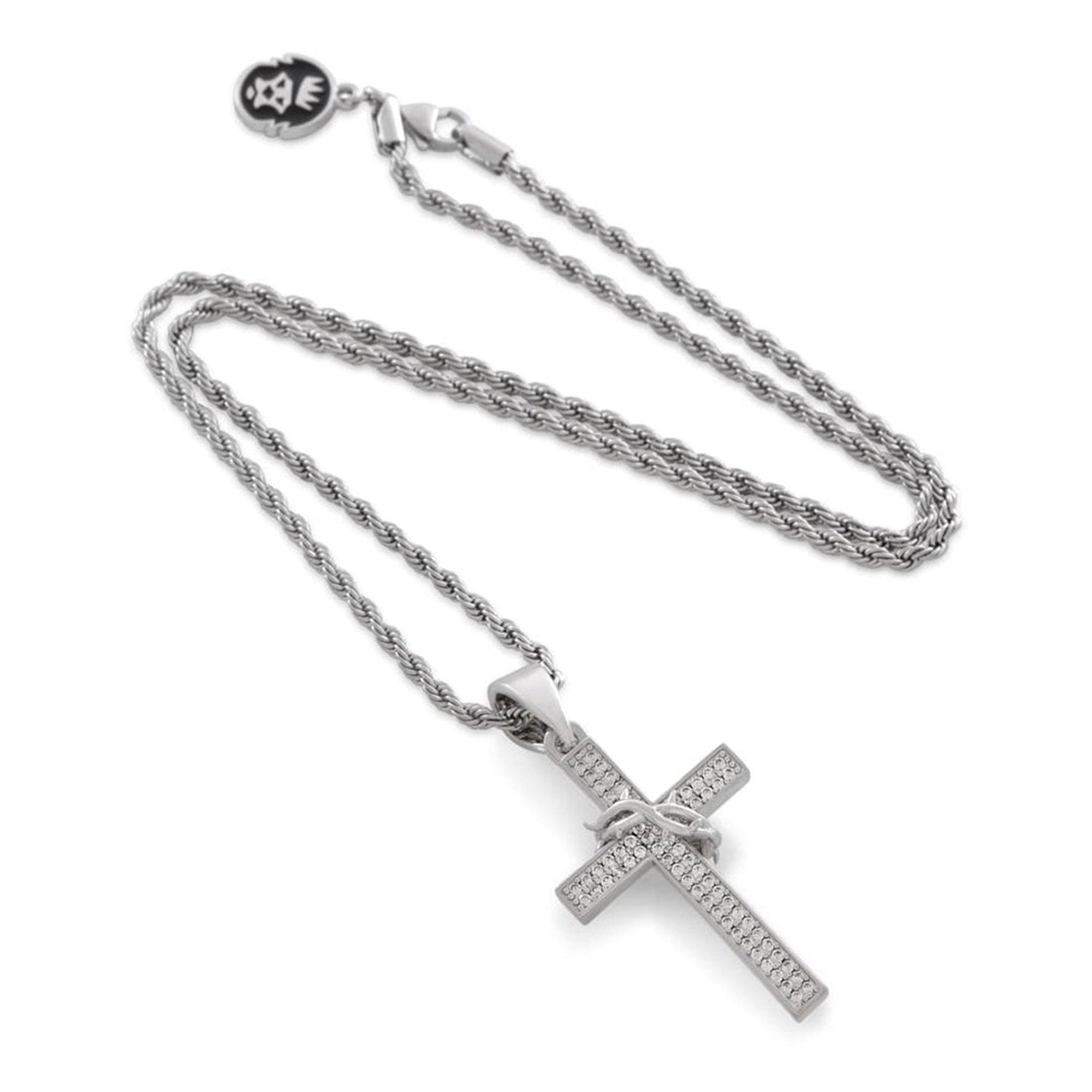 King Ice Crown of Thorns Wrapped Cross Necklace - Silver - SILVER