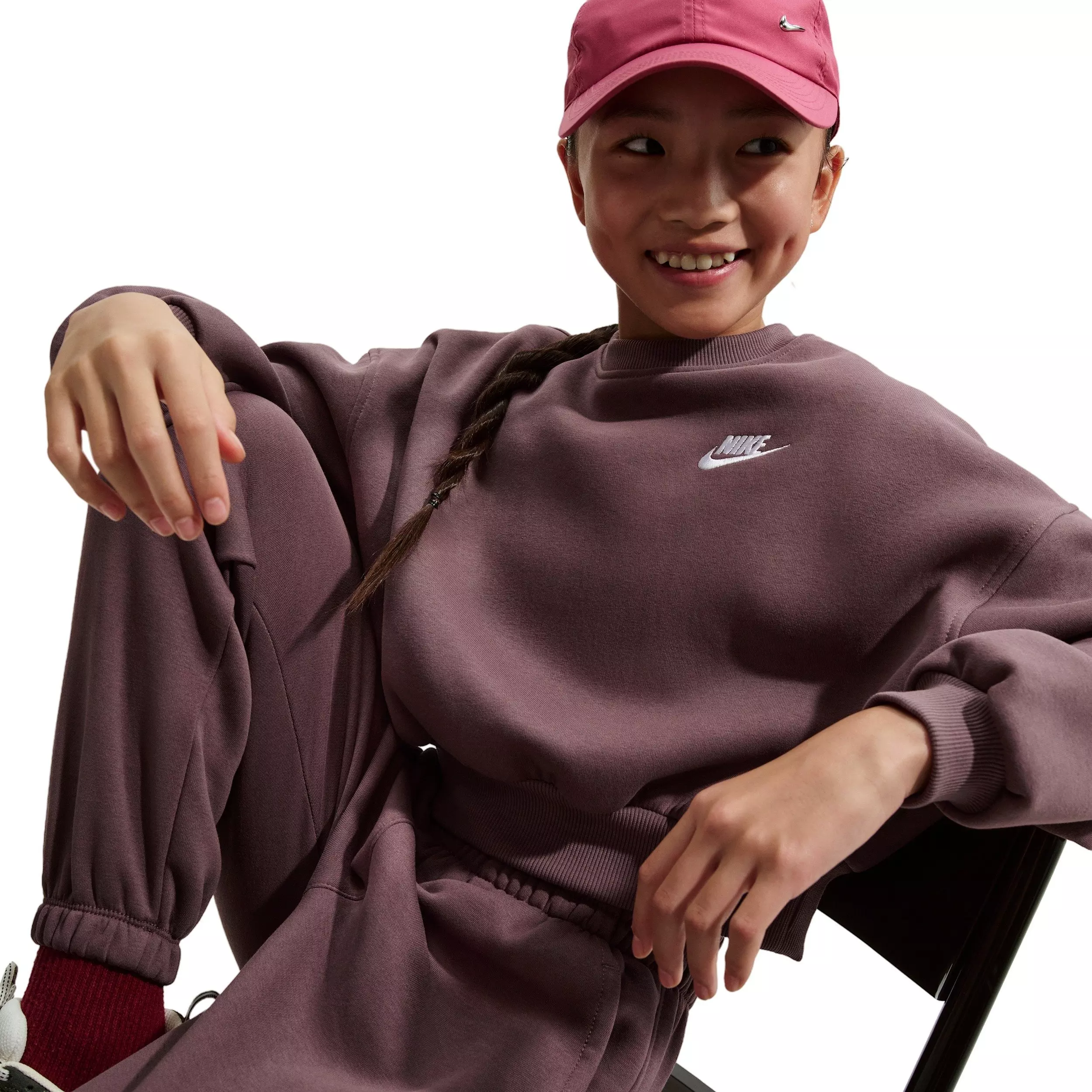 Nike Big Girls' Sportswear Club Fleece Boxy Crew-Neck Sweatshirt -Tattoo Purple - TATTOO PURPLE