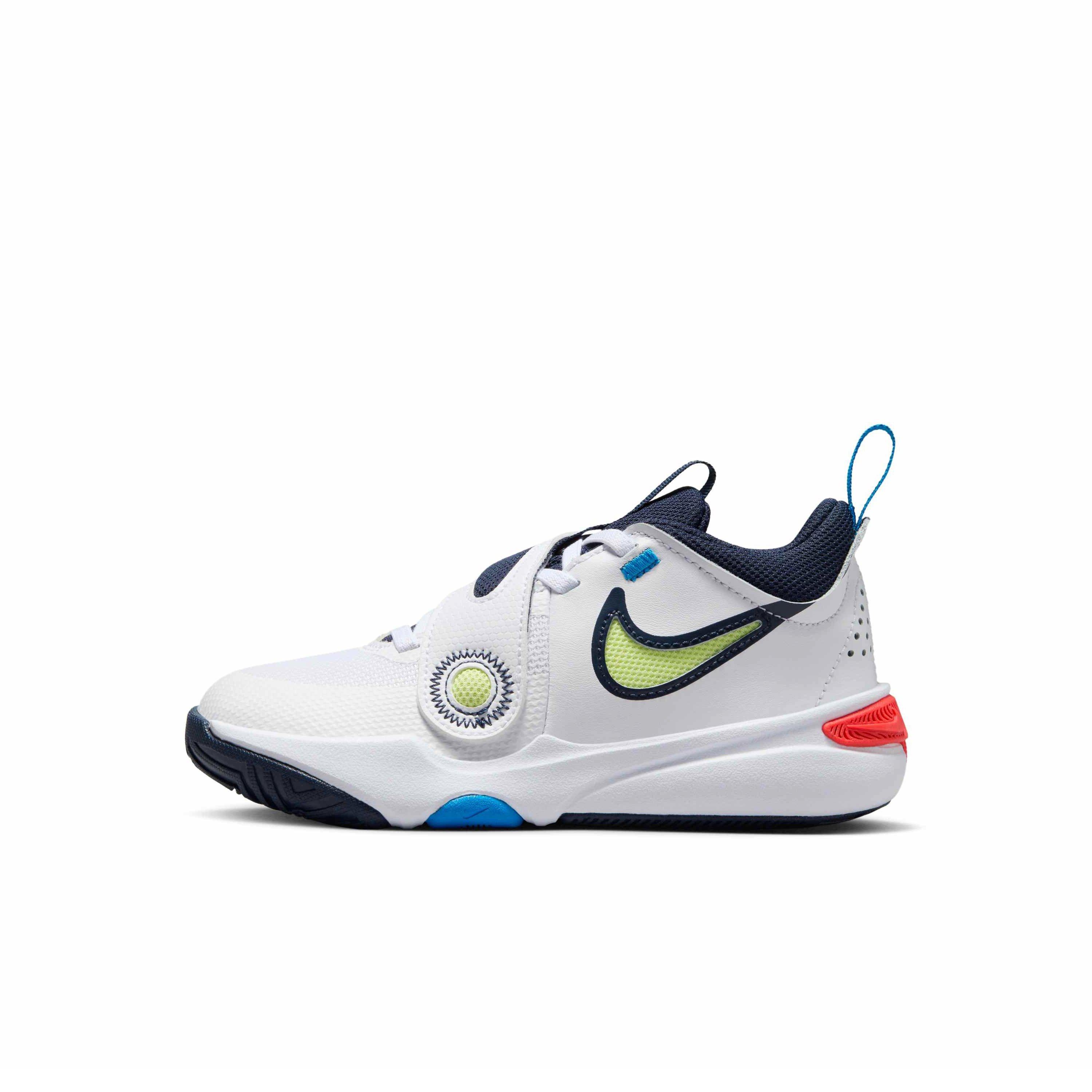 Nike Team Hustle D 11 "White/Crimson/Photo Blue/Lt Lemon Twist" Preschool Boys' Basketball Shoe - WHITE/CRIMSON/BLUE/LT LEMON Thumbnail View 2