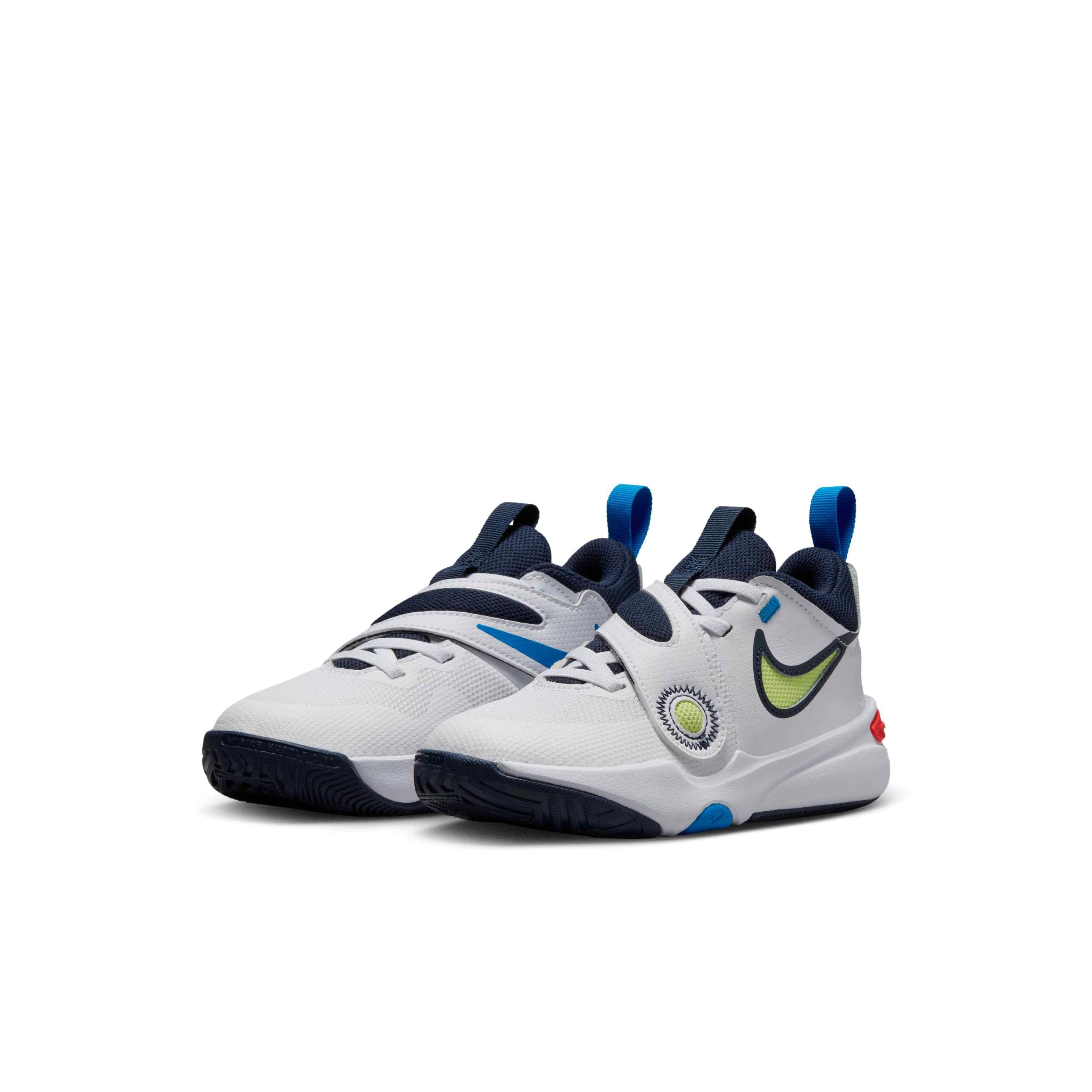 Nike Team Hustle D 11 "White/Crimson/Photo Blue/Lt Lemon Twist" Preschool Boys' Basketball Shoe - WHITE/CRIMSON/BLUE/LT LEMON Thumbnail View 3