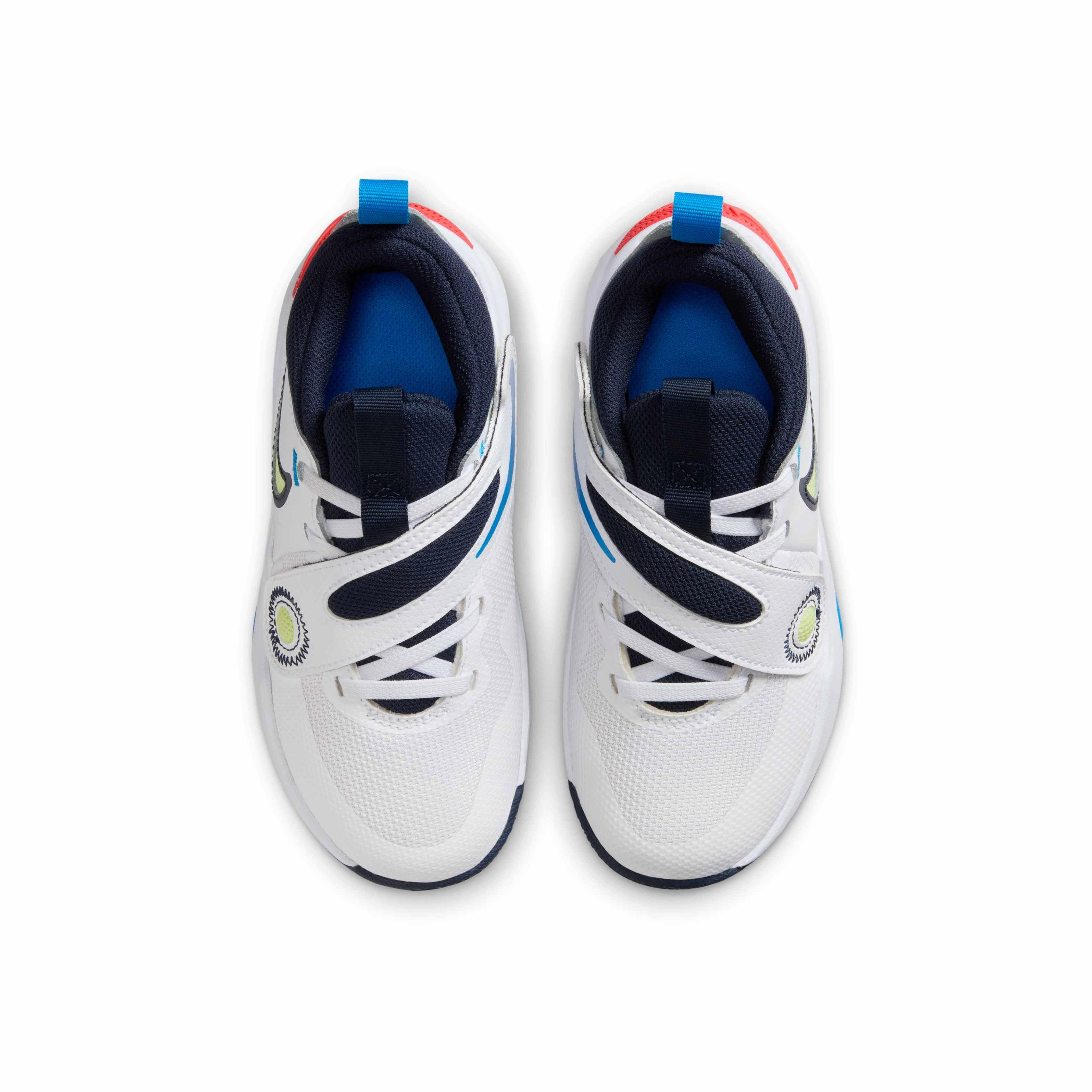 Nike Team Hustle D 11 "White/Crimson/Photo Blue/Lt Lemon Twist" Preschool Boys' Basketball Shoe - WHITE/CRIMSON/BLUE/LT LEMON Thumbnail View 4