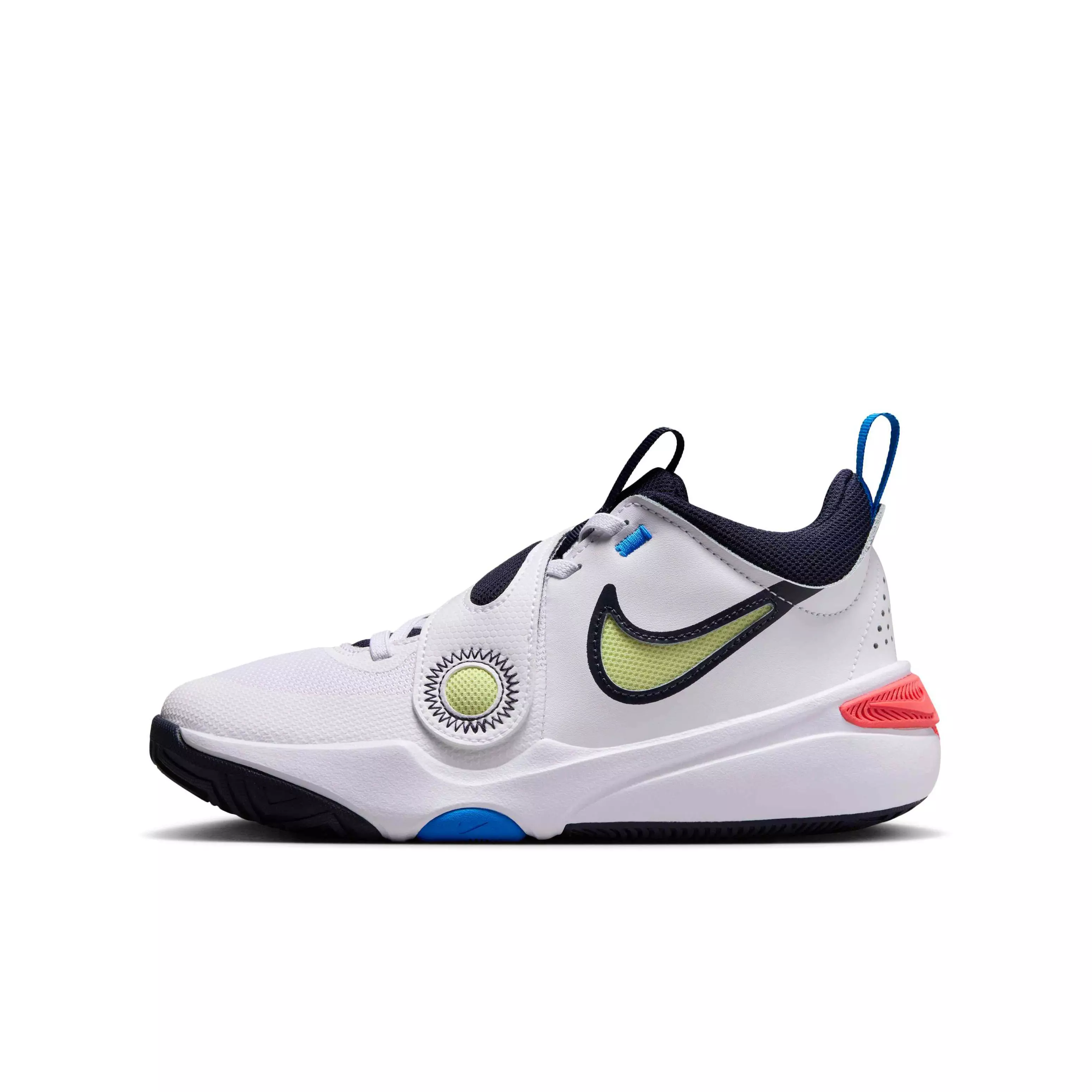 Nike Team Hustle D 11 "White/Crimson/Photo Blue/Lt Lemon Twist" Grade School Boys' Basketball Shoe - WHITE/CRIMSON/BLUE/LT LEMON