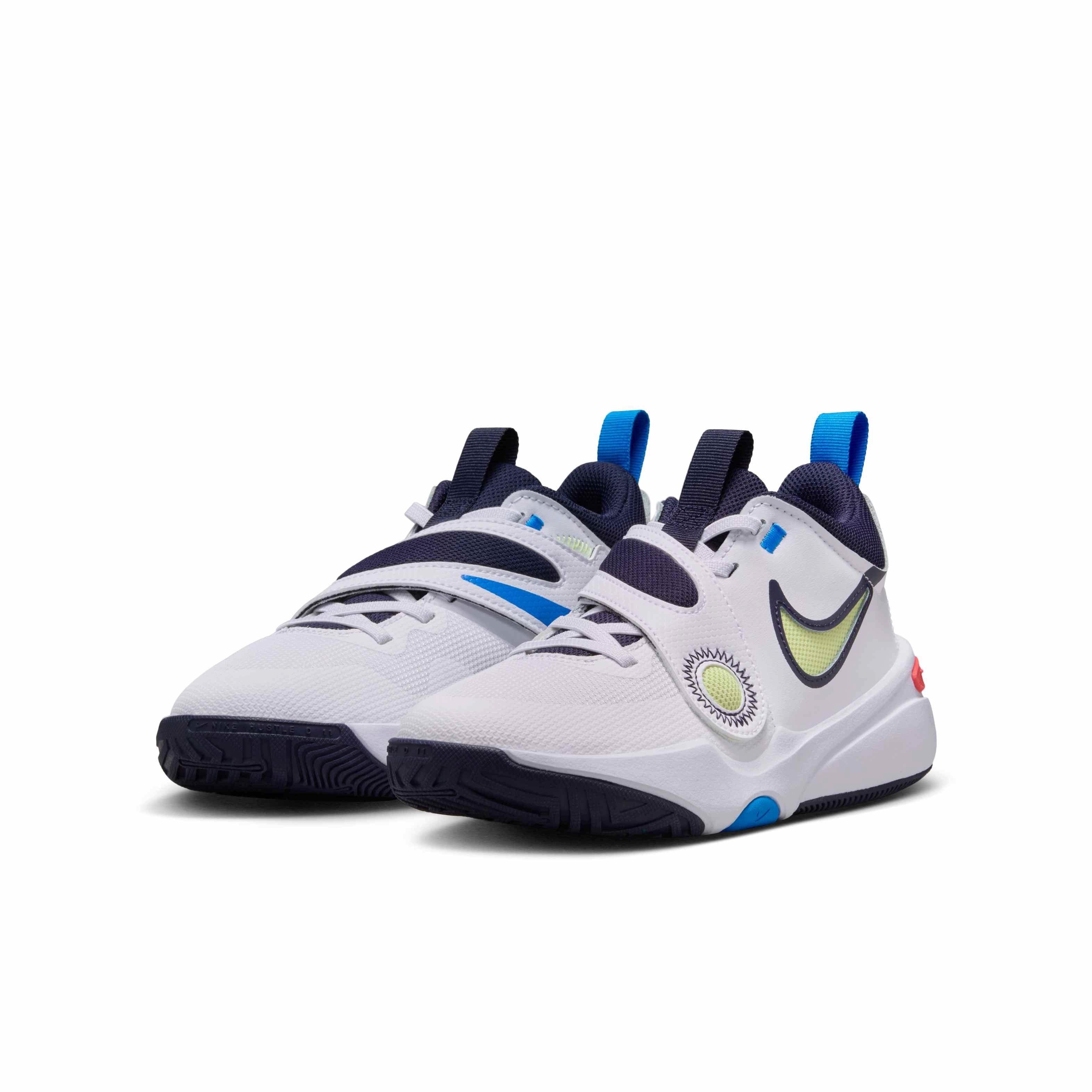 Nike Team Hustle D 11 Grade School Boys' "White/Crimson/Photo Blue/Lt Lemon Twist" Basketball Shoe