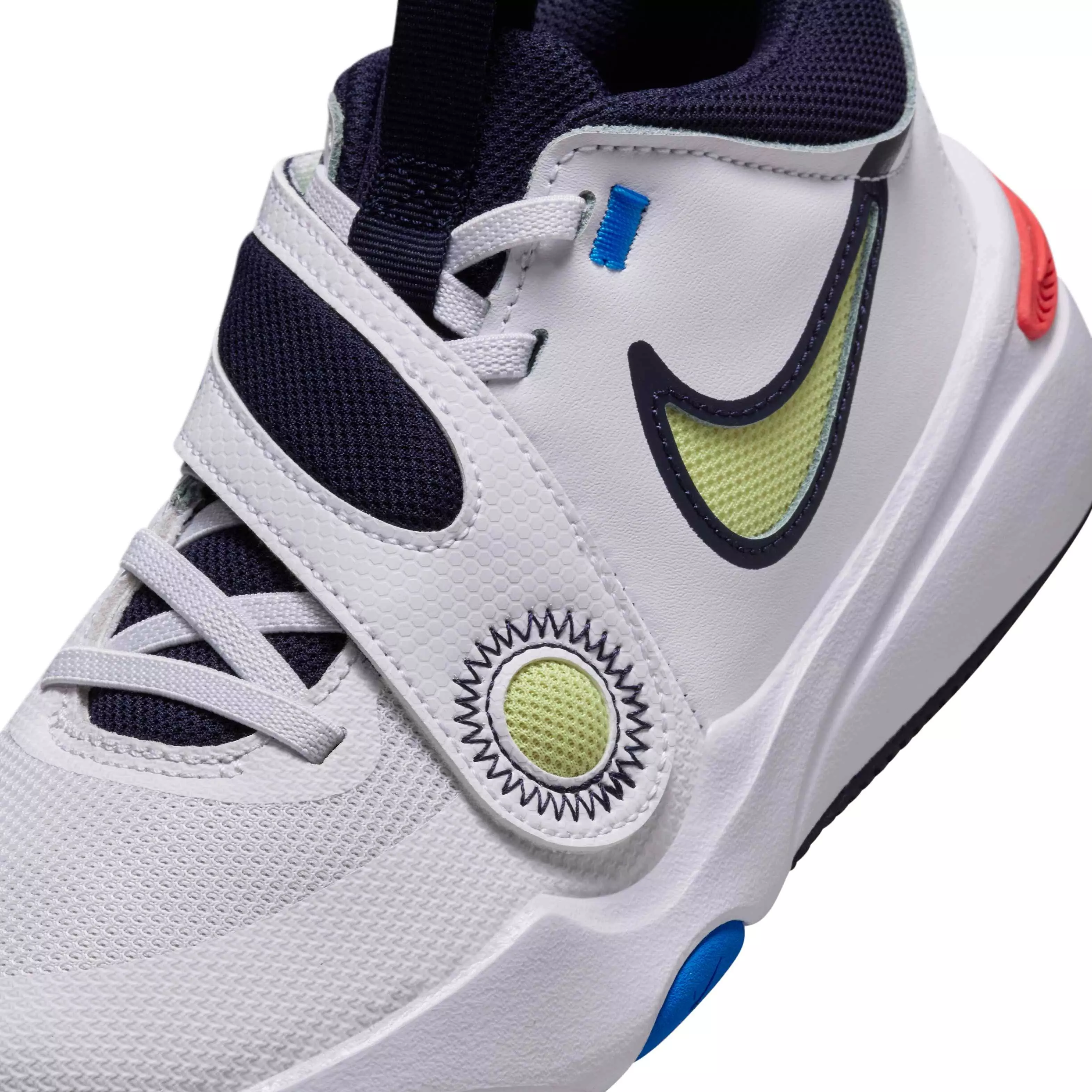Nike Team Hustle D 11 "White/Crimson/Photo Blue/Lt Lemon Twist" Grade School Boys' Basketball Shoe - WHITE/CRIMSON/BLUE/LT LEMON