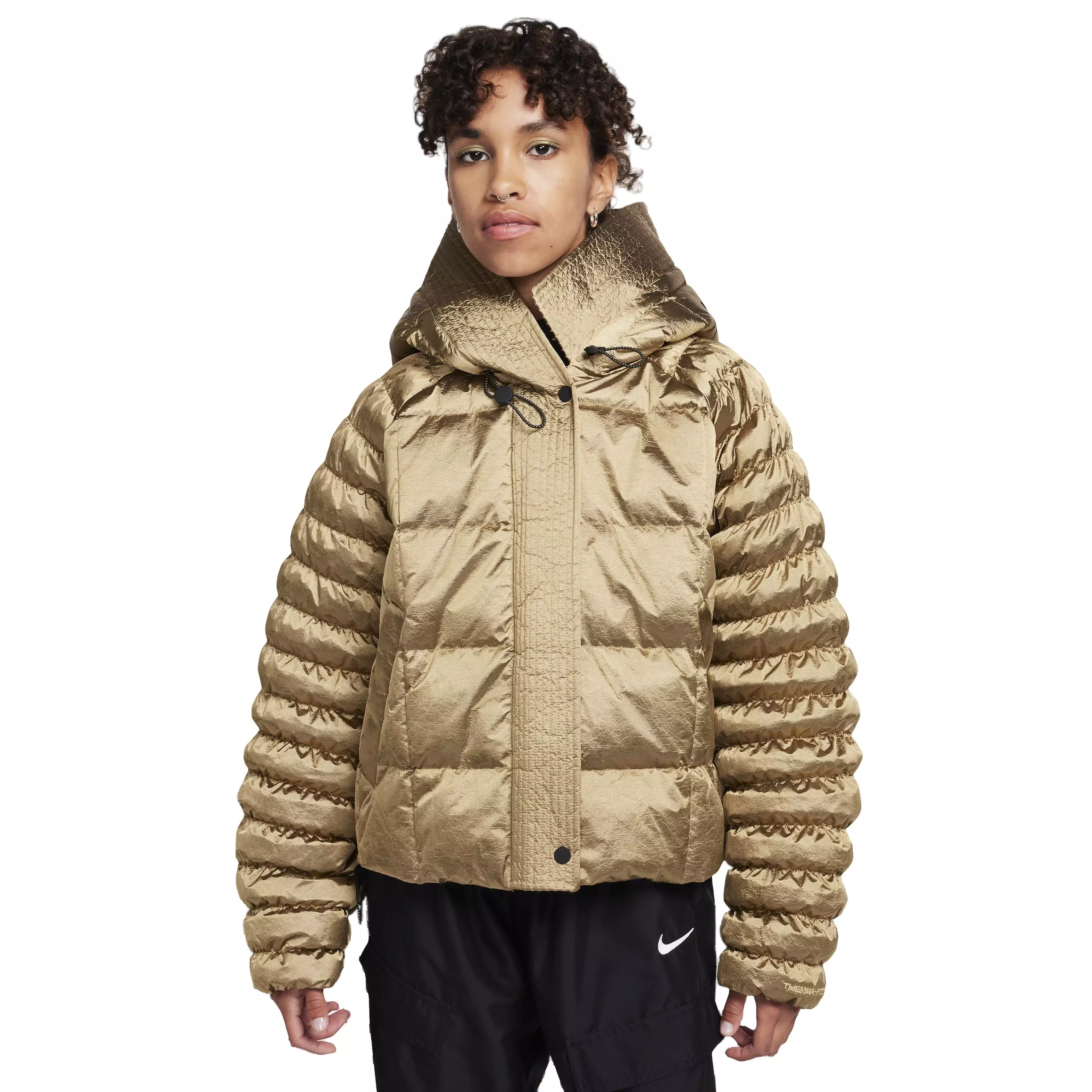Nike Women's Sportswear Swoosh Puffer Shine PrimaLoft Therma-FIT Oversized Hooded Jacket -Gold - GOLD