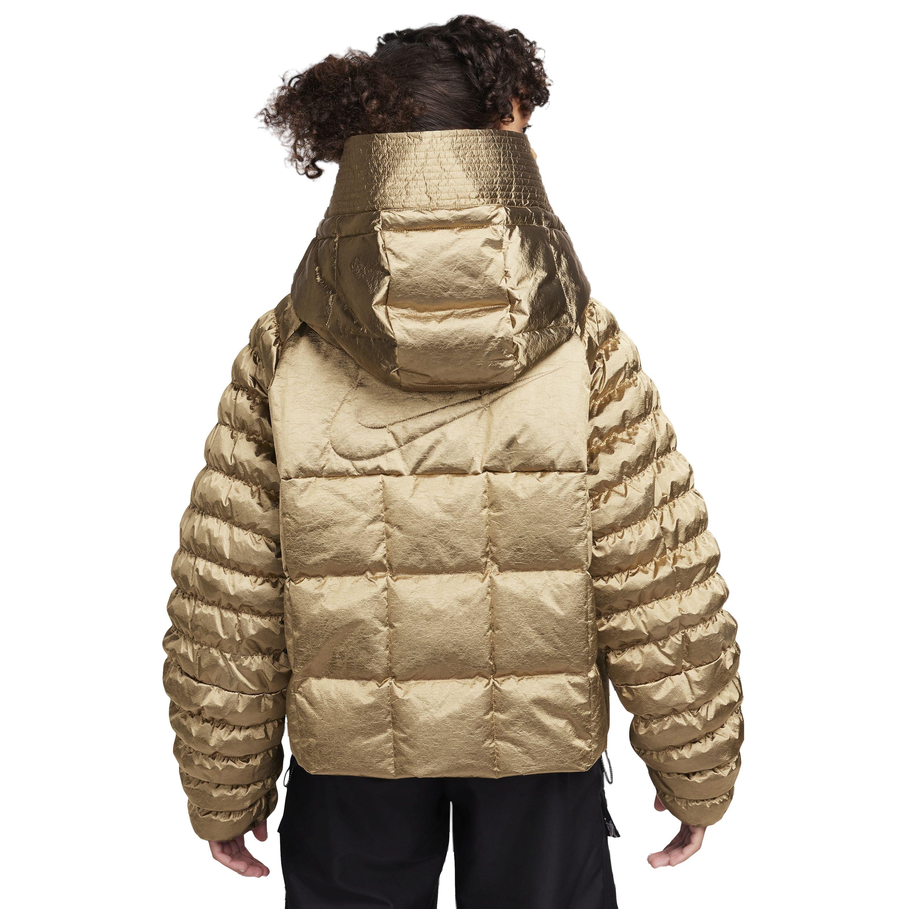 Nike Women's Sportswear Swoosh Puffer Shine PrimaLoft Therma-FIT Oversized Hooded Jacket -Gold - GOLD Thumbnail View 2