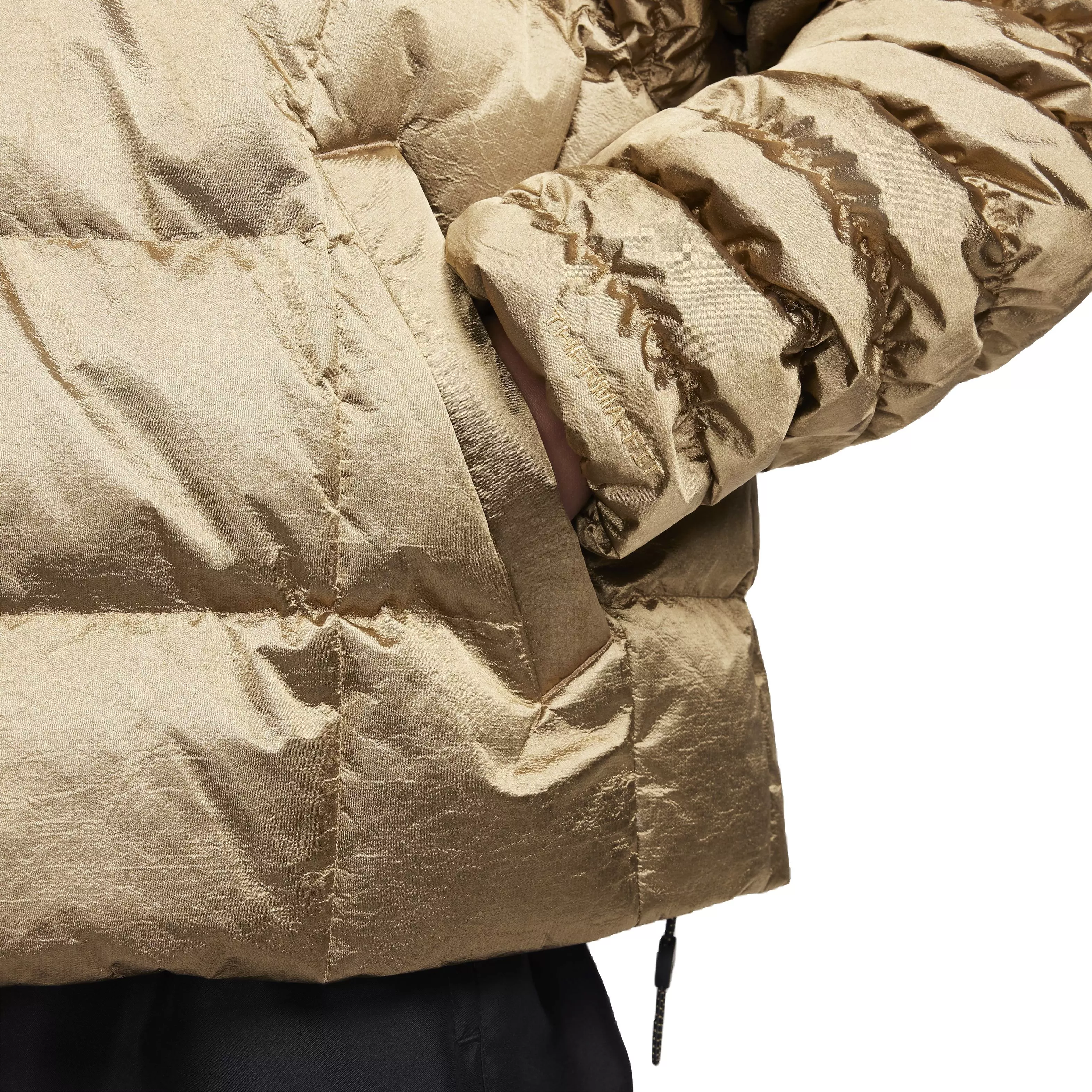 Nike Women's Sportswear Swoosh Puffer Shine PrimaLoft Therma-FIT Oversized Hooded Jacket -Gold - GOLD