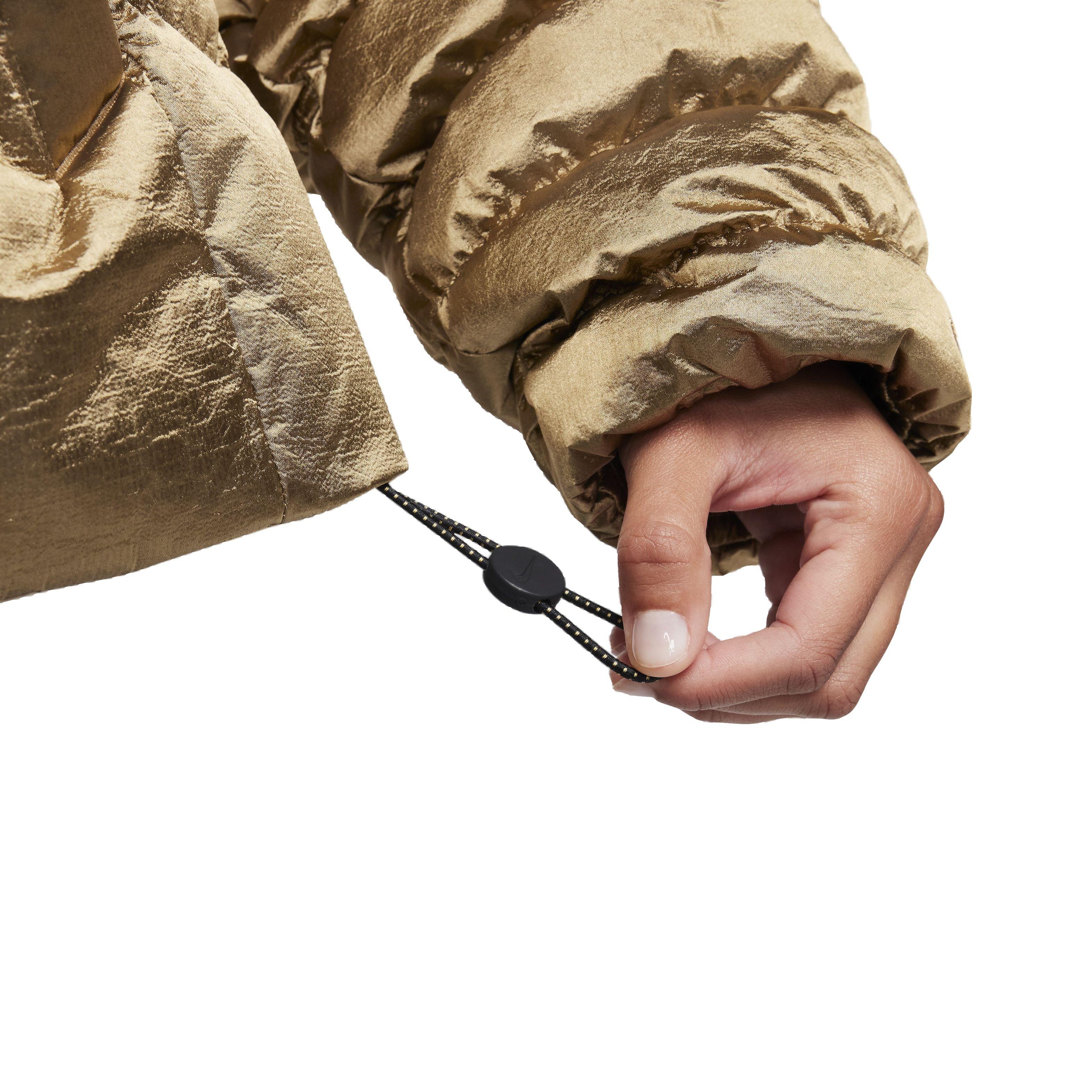 Nike Women's Sportswear Swoosh Puffer Shine PrimaLoft Therma-FIT Oversized Hooded Jacket -Gold - GOLD Thumbnail View 6