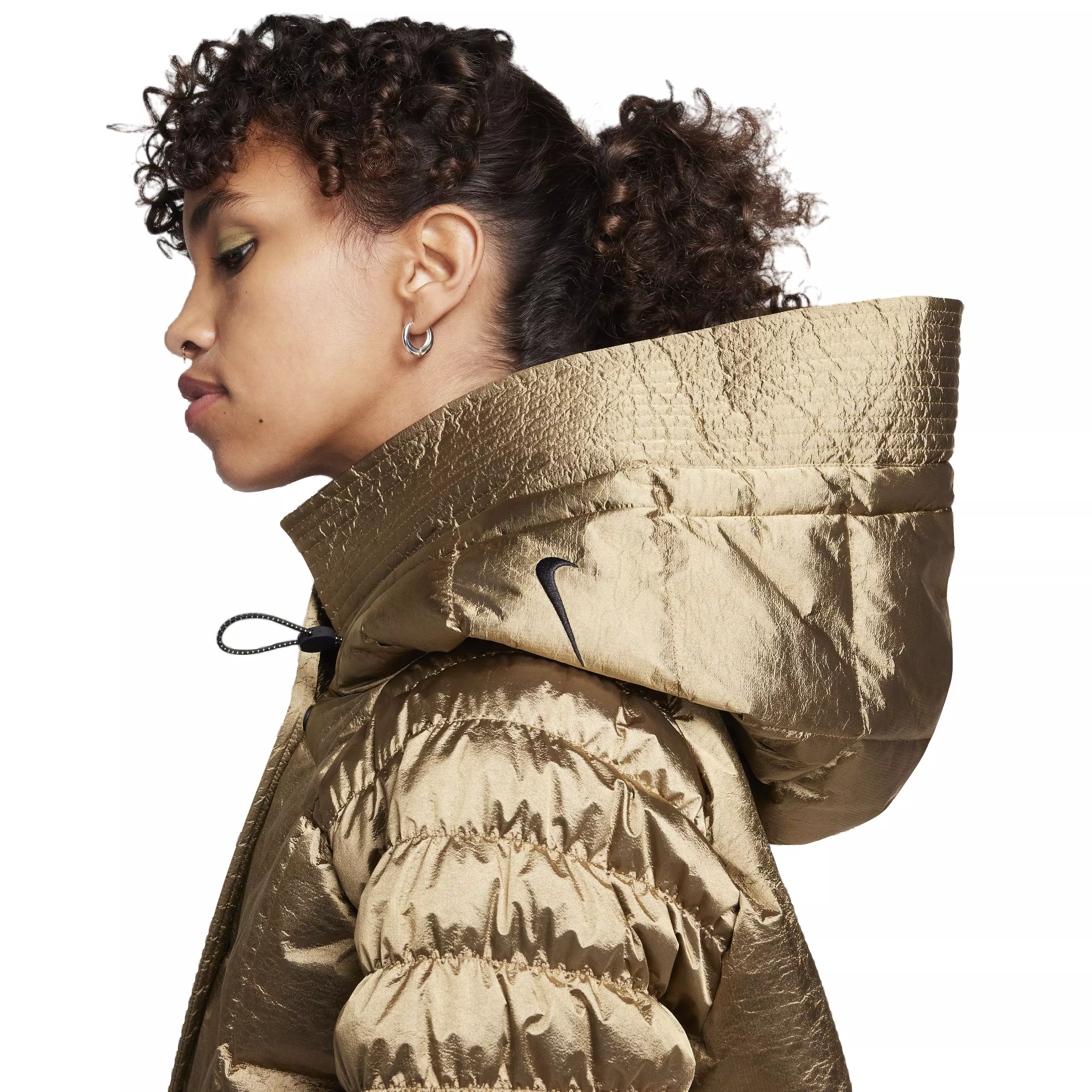 Nike Women's Sportswear Swoosh Puffer Shine PrimaLoft Therma-FIT Oversized Hooded Jacket -Gold - GOLD