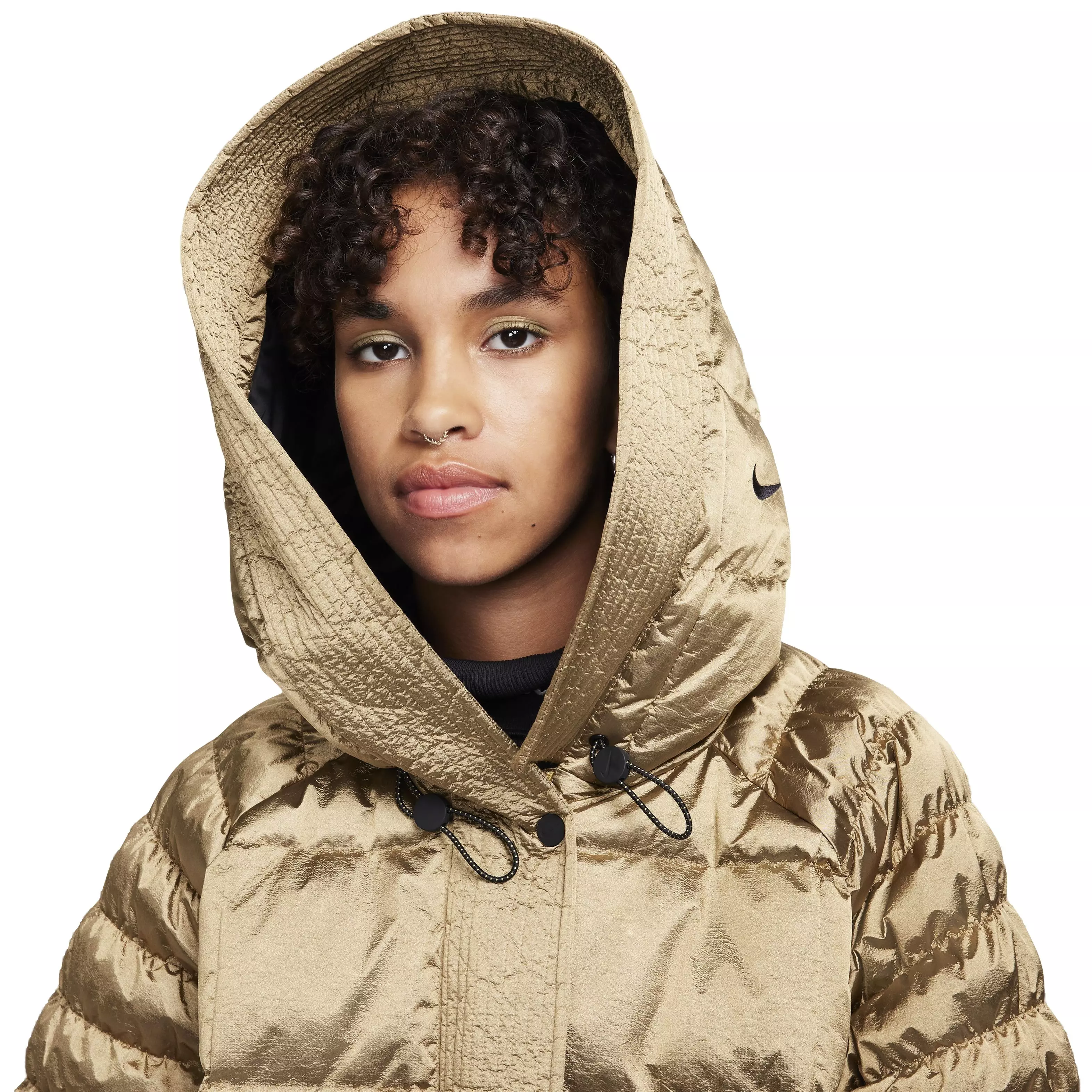 Nike Women's Sportswear Swoosh Puffer Shine PrimaLoft Therma-FIT Oversized Hooded Jacket -Gold - GOLD