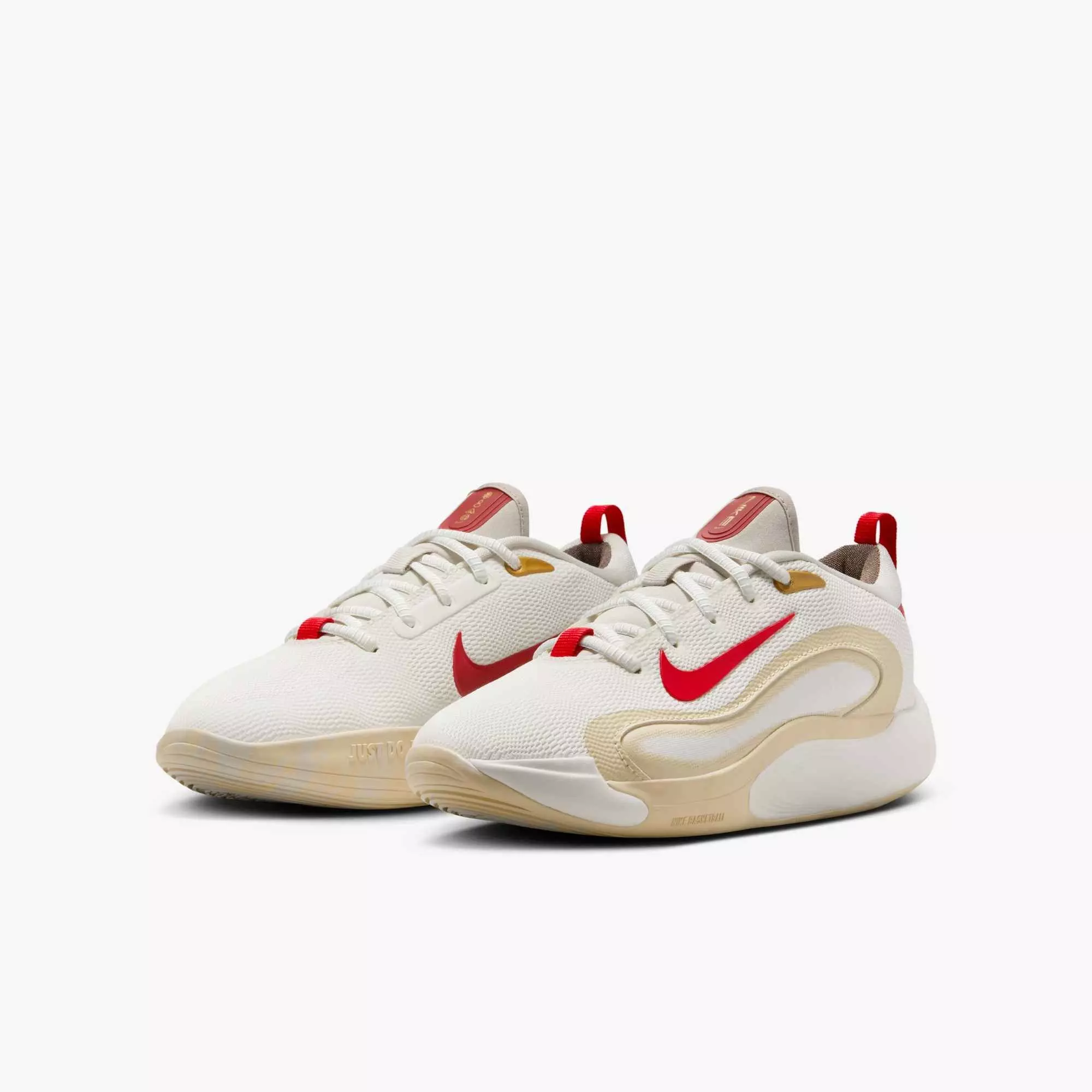 Nike IsoFly "Sail/Light Bone/Light Khaki/University Red" Grade School Boys' Basketball Shoe - WHITE/BONE/KHAKI/RED