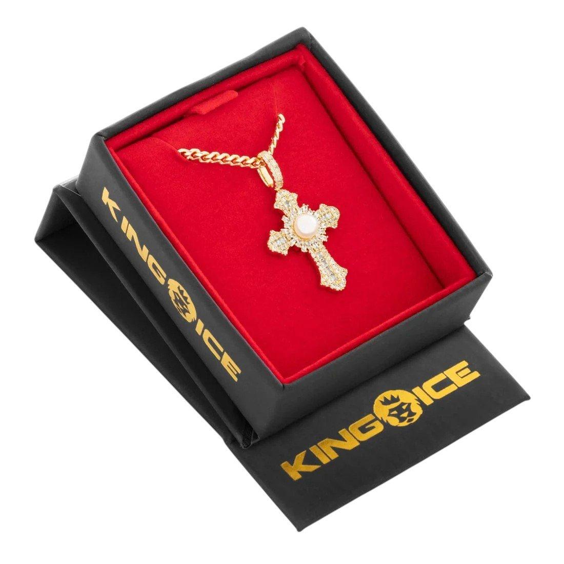 King Ice Pearl of Wisdom Cross Necklace - GOLD