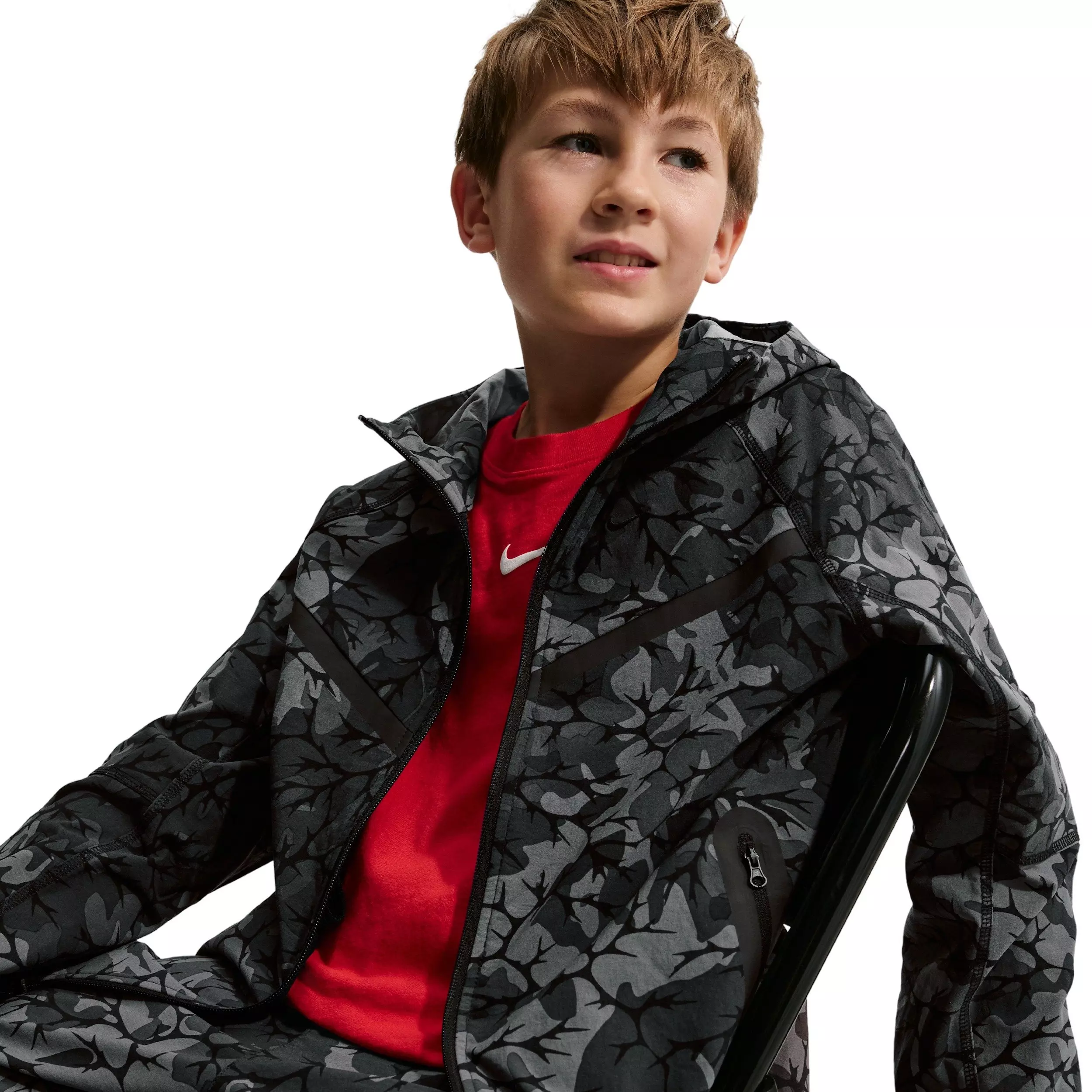 Nike Boys' Sportswear Tech Woven Full-Zip AOP Jacket - Black - BLACK