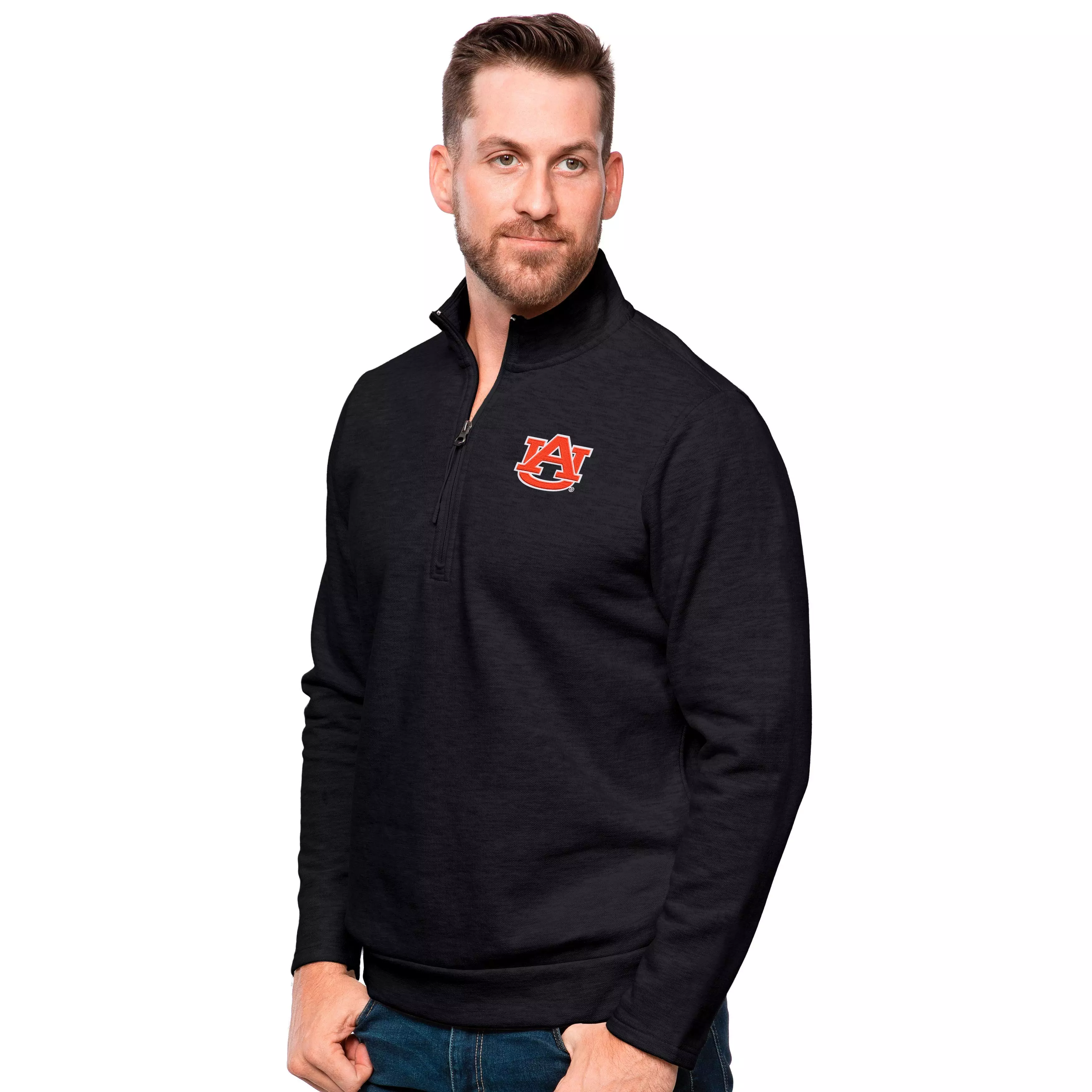 Antigua Men's Auburn Tigers Gambit Fleece Quarter-Zip Pullover Jacket-Black - BLACK
