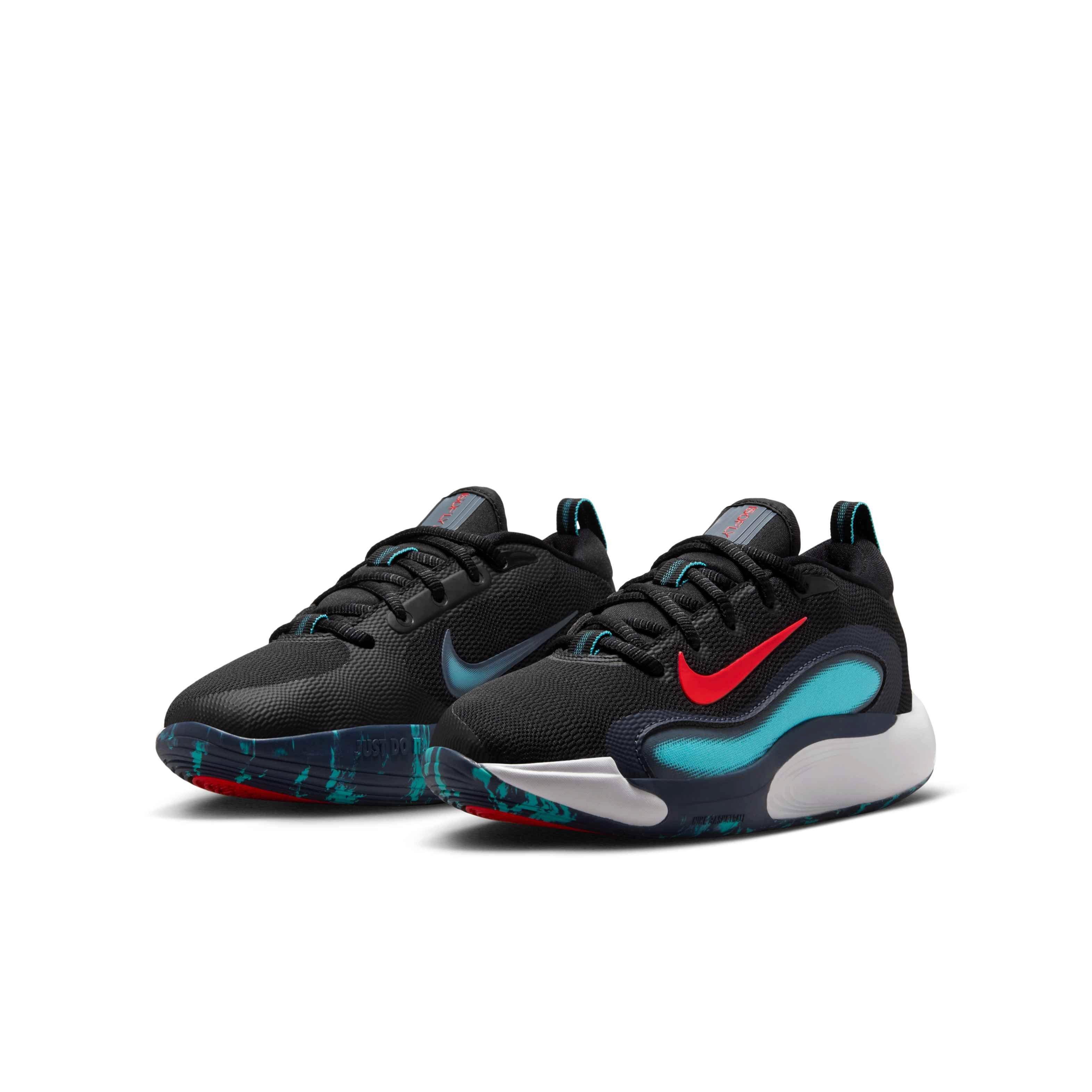 Nike IsoFly Grade School Boys' "Black/Dusty Cactus/Thunder Blue/Bright Crimson" Basketball Shoe