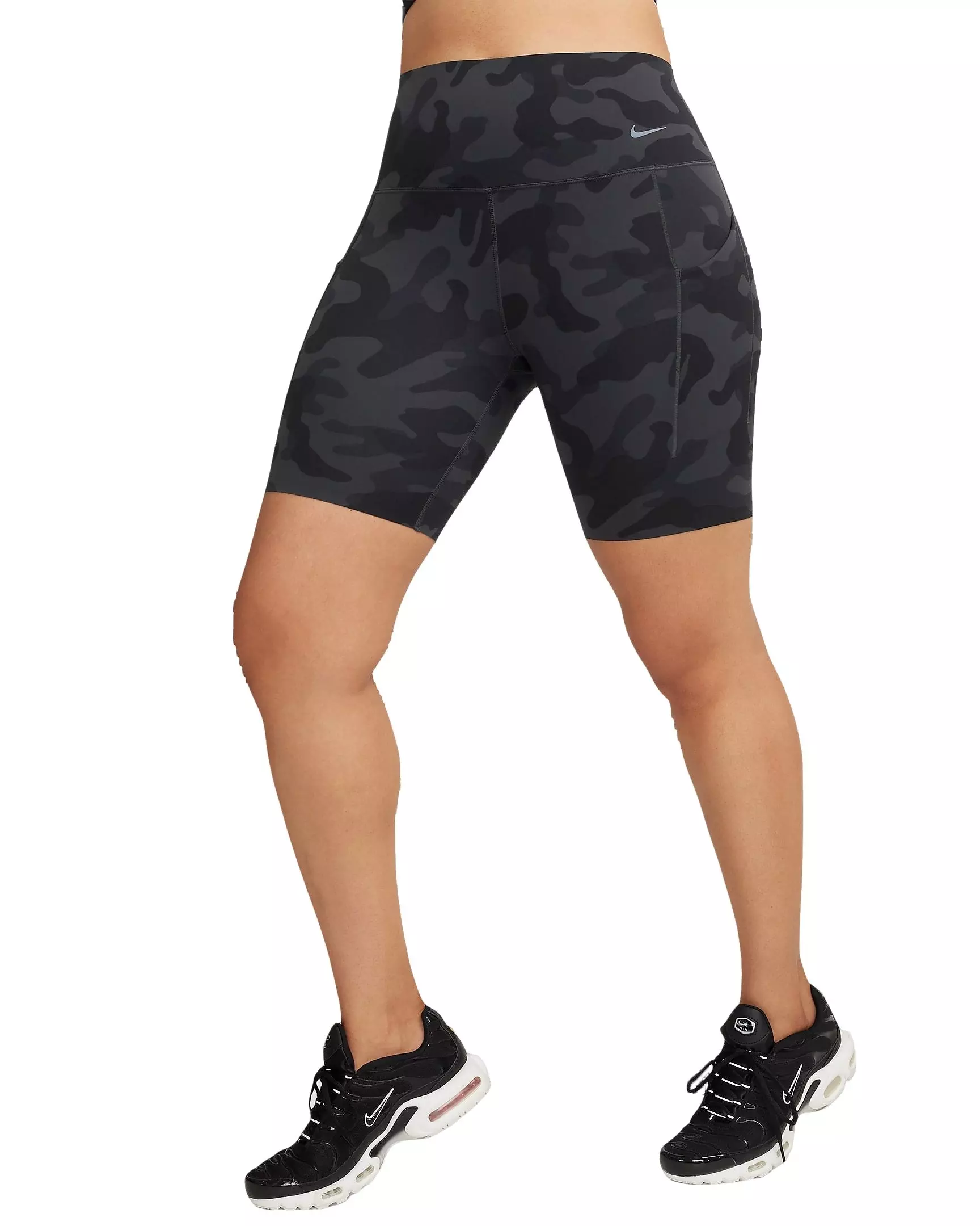 Nike Women's Dri-FIT Universa MS High-Waisted 8" Camo Biker Shorts w/Pockets -Black - BLACK CAMO
