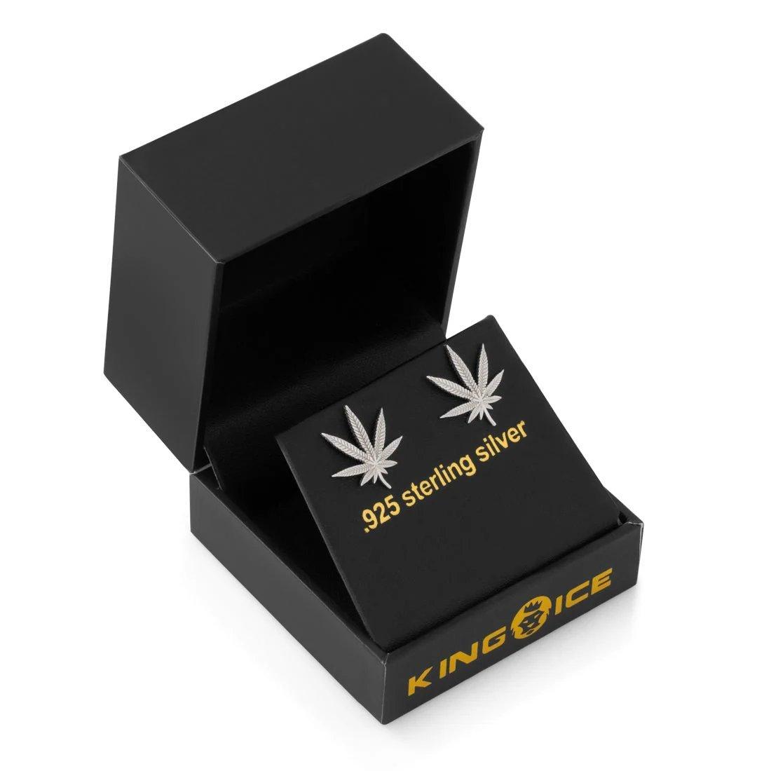 King Ice Cannabis Leaf Stub Earrings - WHITE GOLD
