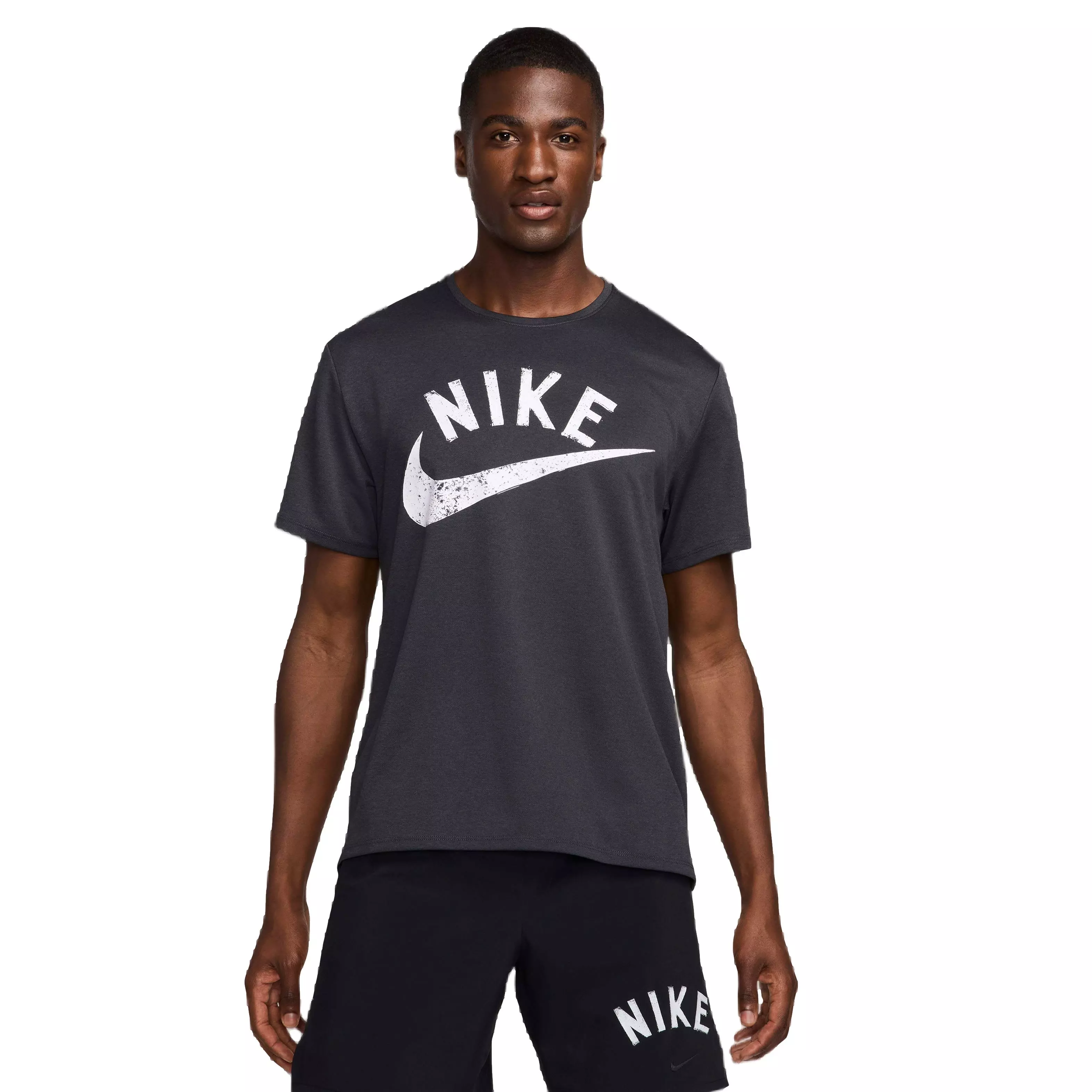 Nike Men's Dri-FIT Miler Swoosh Short-Sleeve Running Top -Dk Grey - GREY