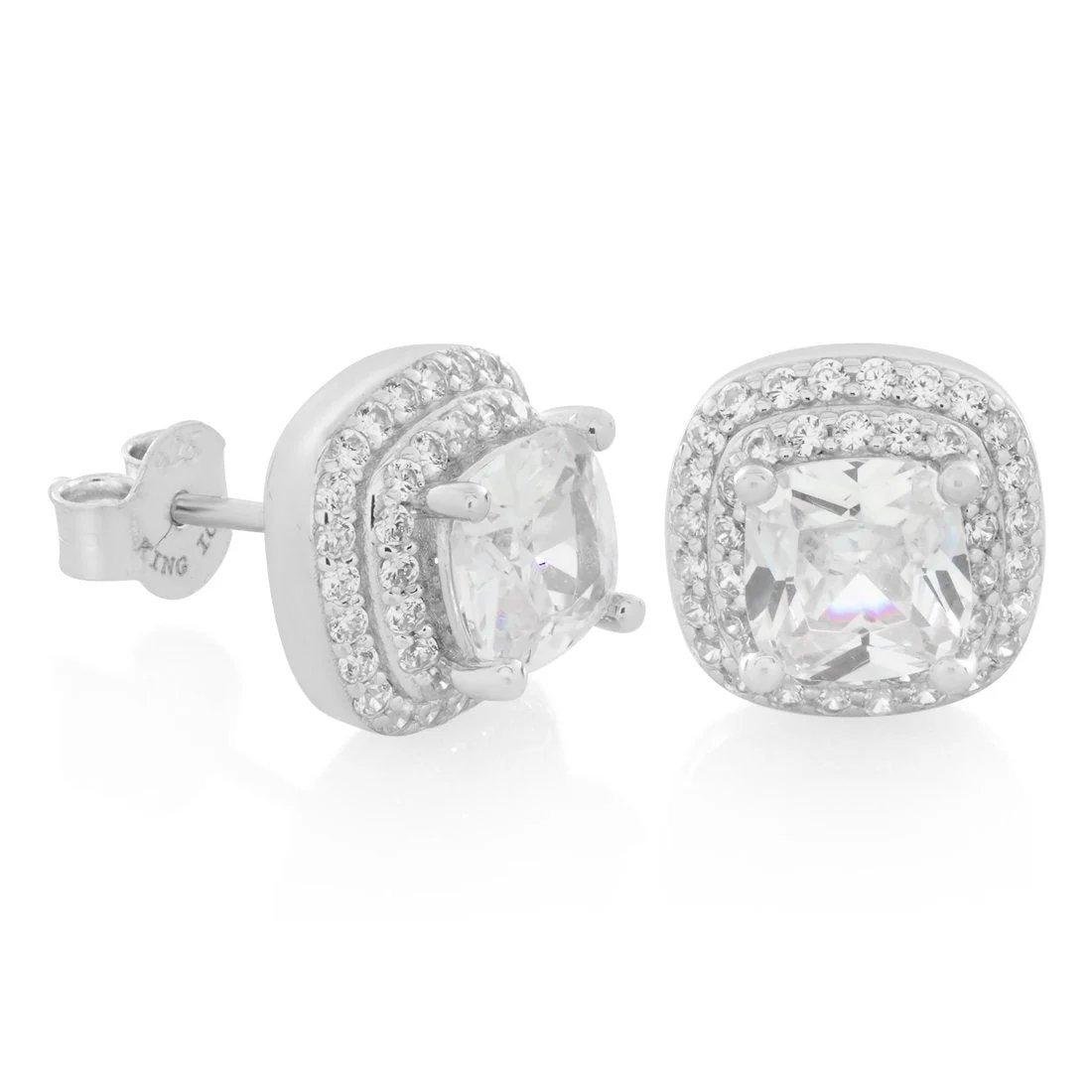 King Ice Halo Cushion-Cut Stud Earrings - WHITE GOLD