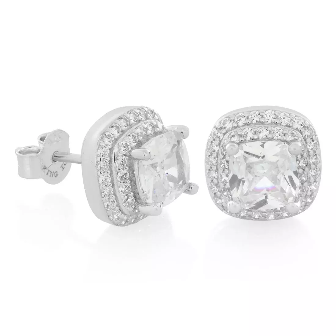 King Ice Halo Cushion-Cut Stud Earrings - WHITE GOLD