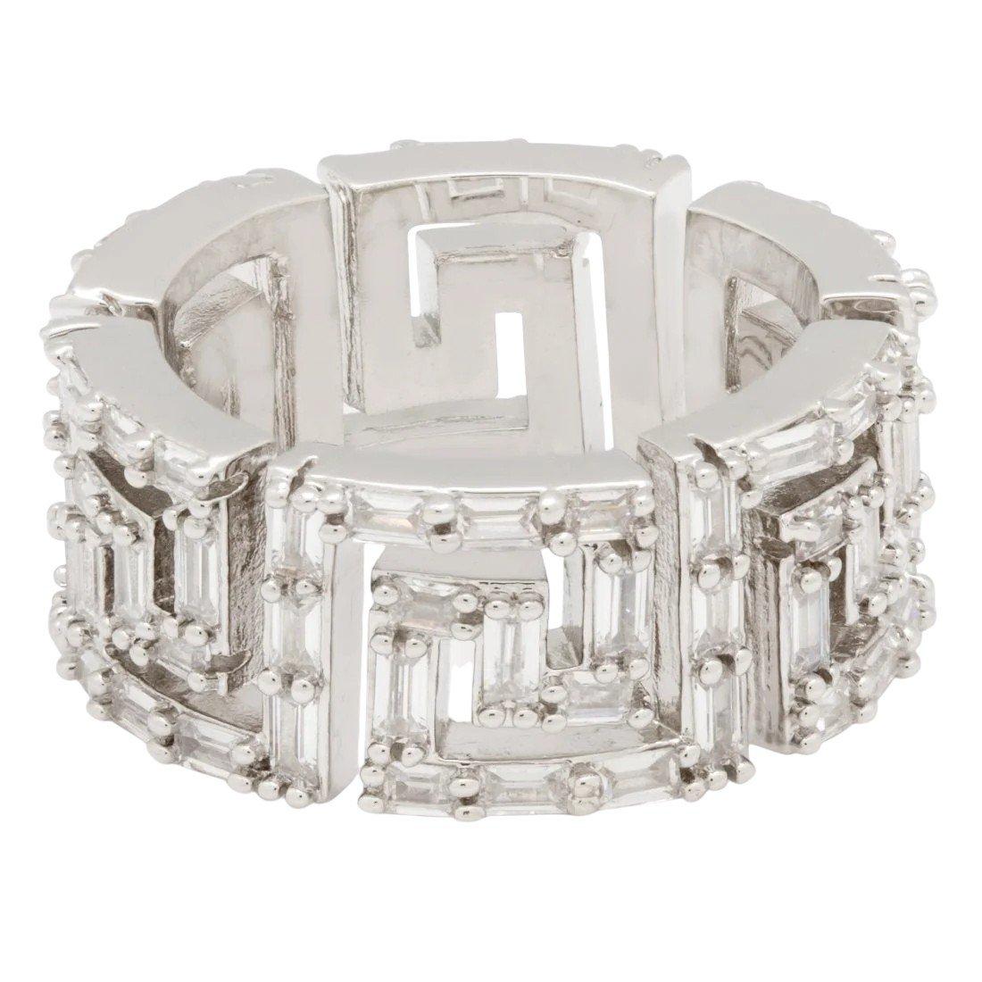 King Ice Iced Greek Key Ring - White Gold - WHITE GOLD