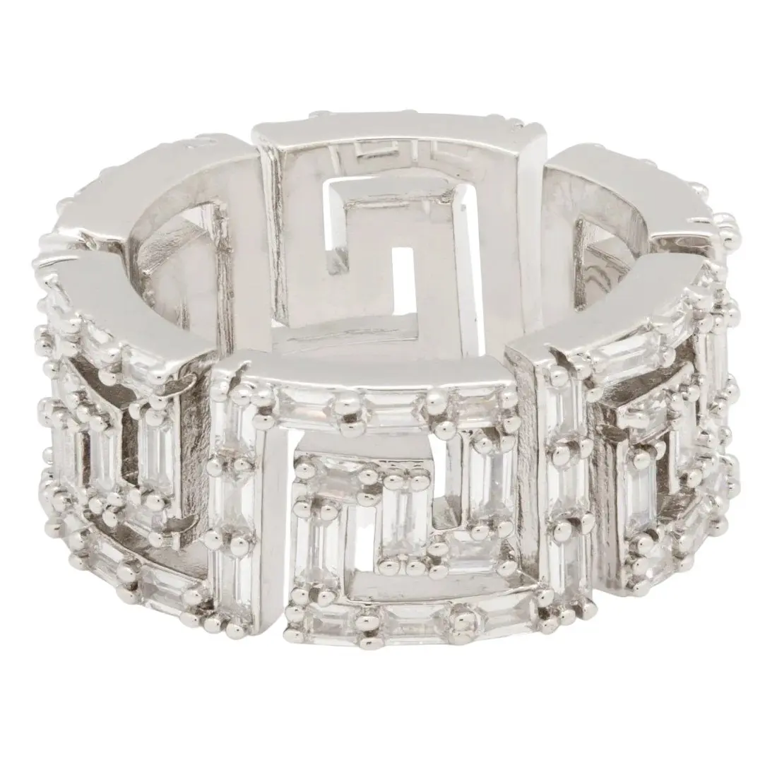 King Ice Iced Greek Key Ring - White Gold - WHITE GOLD