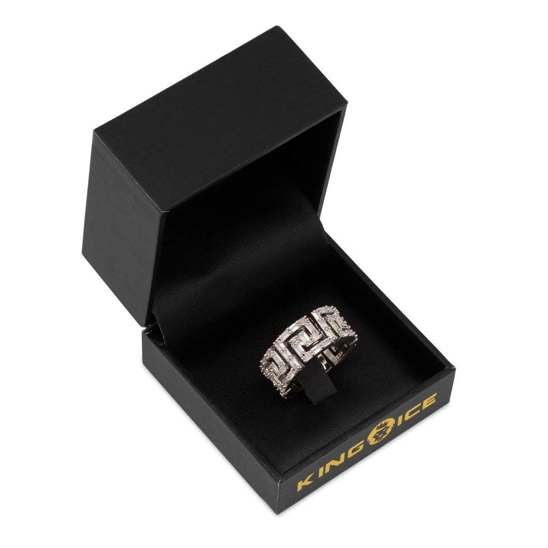 King Ice Iced Greek Key Ring - White Gold - WHITE GOLD